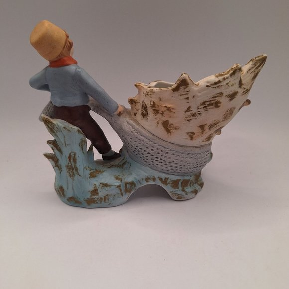 RARE VINTAGE GEROLD PORZELLAN BAVARIA CONCH SHELL IN NET PLANTER WITH BOY - Picture 3 of 10